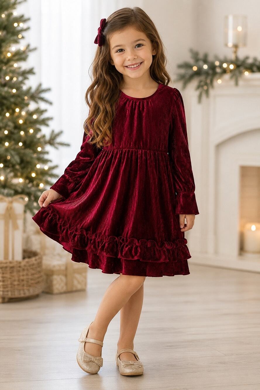 Rare Editions Girl’s Burgundy Crushed Velvet Ruffle Dress Holiday Party Photos 4